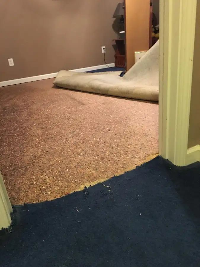 Carpet pad removal revealing water damage during Water Mitigation Services in Eagle Mountain